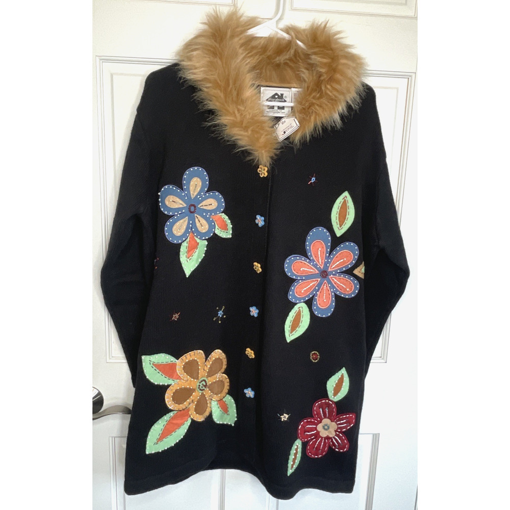 NWT Storybook Knits Embroidered Flowers Faux Fur Collar Cardigan Sz 1X Beaded